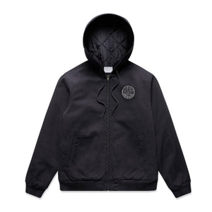 Black jacket with a logo on the chest against a white background