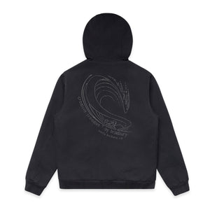 Black hoodie with a logo on the back against a white background