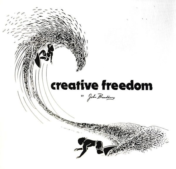 Black and white illustration of a surfer riding a wave with 'creative freedom' text.