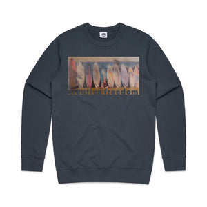Navy blue sweatshirt with surfboard design and 'Find Your Freedom' text on a white background