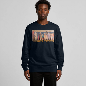 Person wearing a black sweatshirt with a colorful graphic and text on a plain background