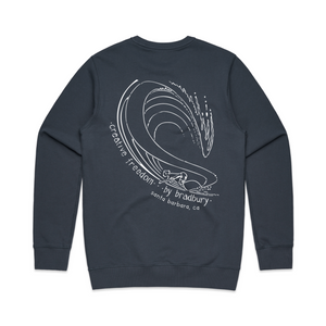 Navy blue sweatshirt with a white graphic design on the back, featuring text and a wave-like shape.