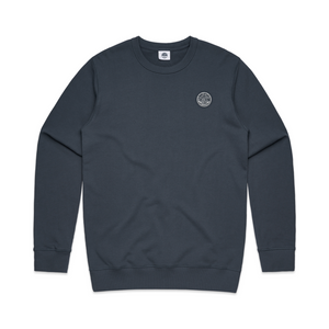 Dark gray sweatshirt with a small logo on a white background