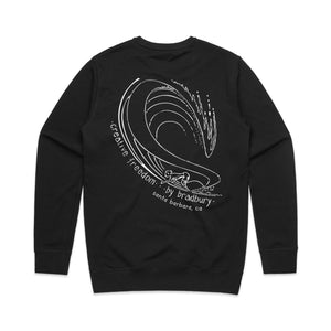 Black sweatshirt with white graphic design on a white background
