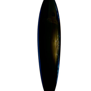 Black surfboard with blue edge on a white background
