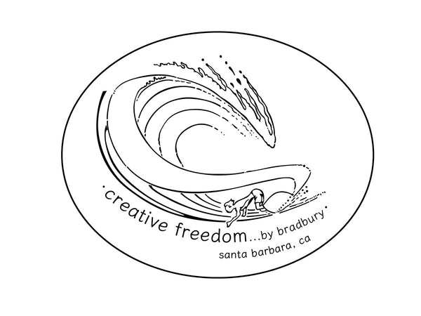 Circular logo with wave design and text 'creative freedom... by bradbury santa barbara, ca' on a white background