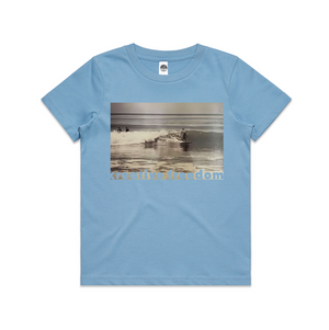 Light blue t-shirt with a printed design on a white background