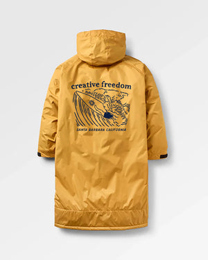 Yellow jacket with a graphic design on the back against a white background