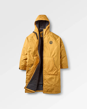 Yellow winter coat with a hood on a light gray background