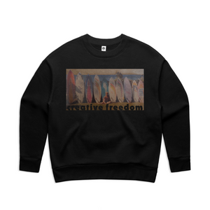 Black sweatshirt with a graphic design and text on a white background