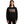 Person wearing a black sweatshirt with a graphic design on a white background