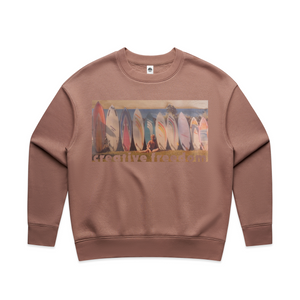 Brown sweatshirt with surfboard graphic on a white background