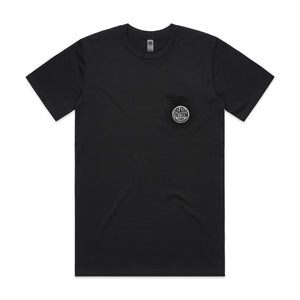 Black t-shirt with a logo on the chest against a white background