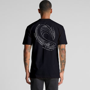 Person wearing a black t-shirt with a white graphic design on the back against a gray background